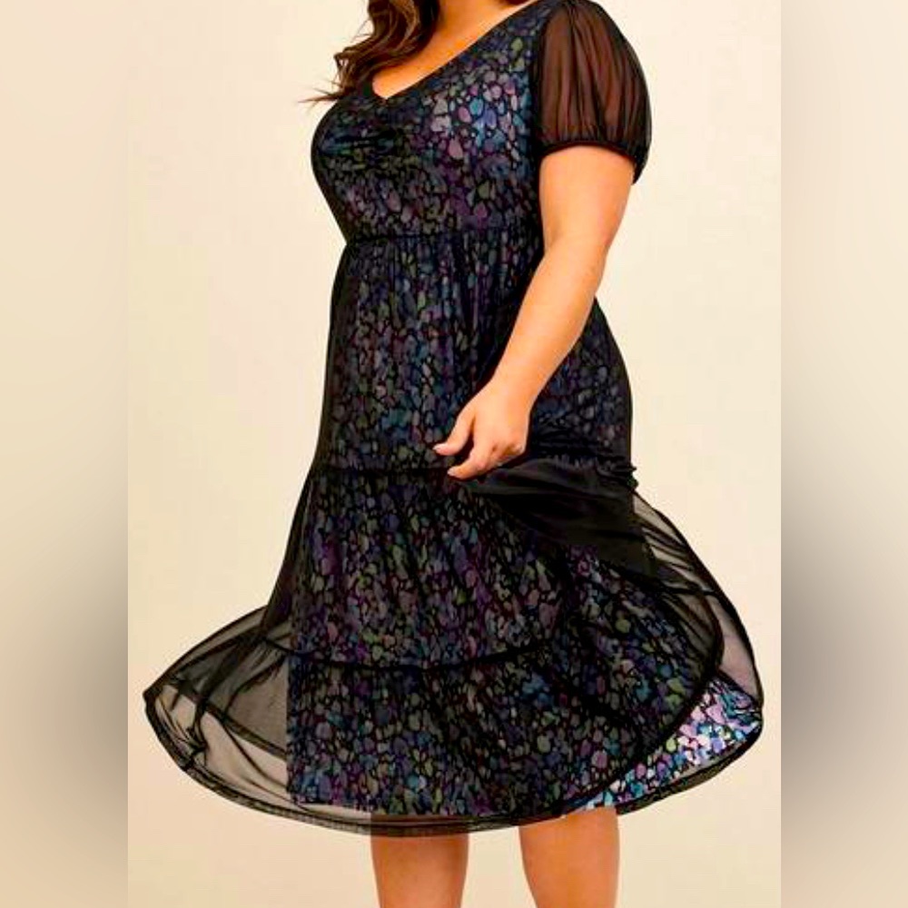 Torrid Tiered Midi Dress - Soft Mesh Spotted Black